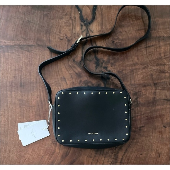 NWT Ted Baker London Black Leather Karsynn Studded Camera Bag Crossbody Purse - Picture 7 of 11